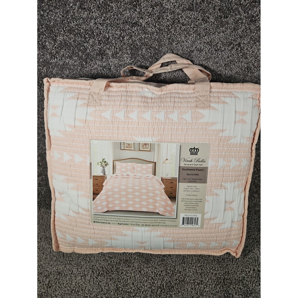 3 Pc Southwest Peach Jacquard Quilt Set By Virah Bella Full/Queen New